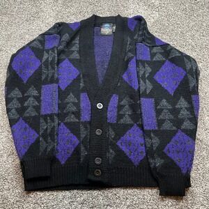 Pure Stuff Vintage Geometric Cardigan Sweater Men's M Black Purple Wool Blend
